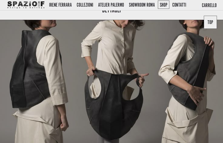 the image shows a website advertisement for spazioif, featuring irene ferrara's collections. the ad showcases a black leather vest in three different poses: worn on the side, held up in the center, and worn on the opposite side. the models are wearing beige clothing. the top navigation includes links to irene ferrara, collections, atelier palermo, showroom roma, shop, contatti, and a carrello (shopping cart). the "top" button is visible in the top right corner.