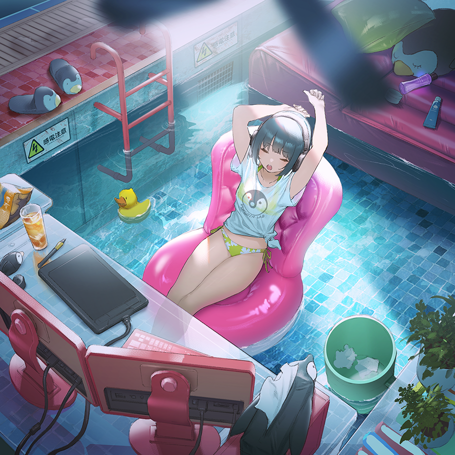 the image is a digital illustration depicting a young anime girl relaxing in a small, indoor swimming pool. she is seated in a bright pink inflatable chair, wearing headphones and a lightcolored tshirt with a penguin logo, and a yellow bikini bottom.  the girl has her arms raised above her head. the pool is surrounded by a tiled floor, and there is a small workspace set up nearby with multiple computer monitors, a tablet, and a keyboard.  several items are scattered around the area, including house slippers shaped like penguins, a trash can, and potted plants. there are also warning signs with japanese text visible on the pool's wall. the overall ambiance is serene and summery, with sunlight illuminating parts of the scene.  the art style is vibrant and detailed, typical of modern anime illustrations.