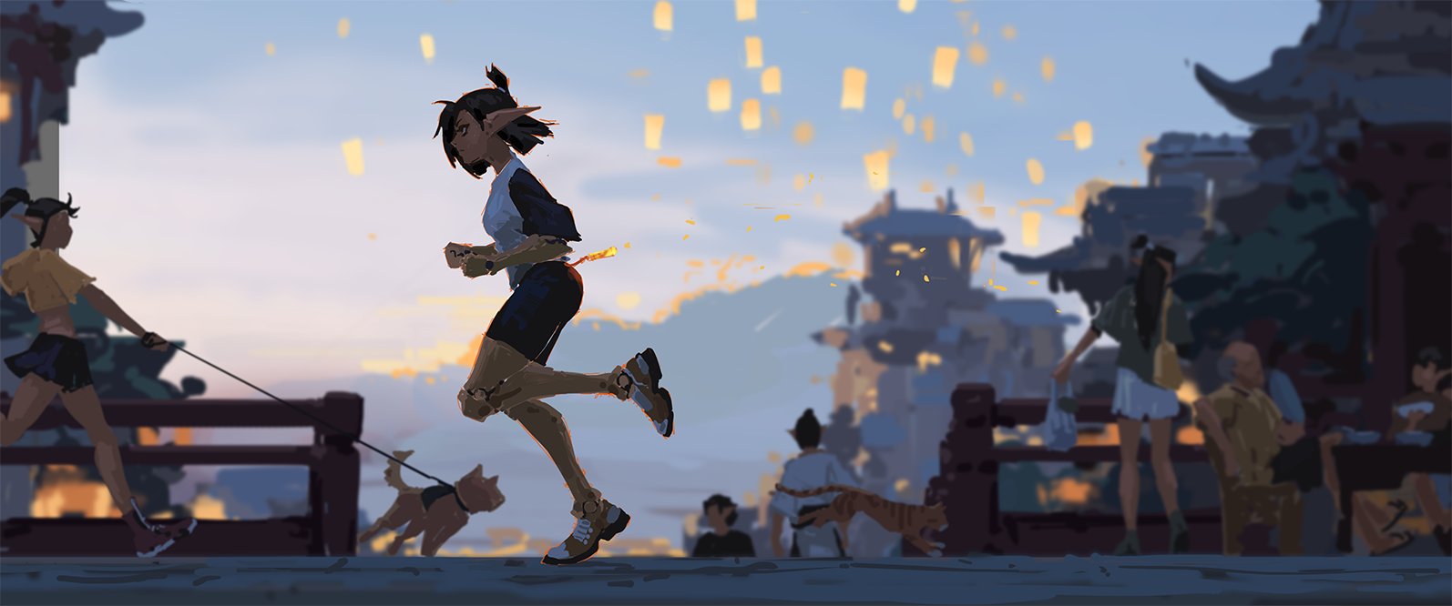 the illustration shows an animestyle elf girl with dark hair and pointy ears jogging across a bridge in a fantastical, asianinspired cityscape at sunset.  she's wearing athletic wear and has what appear to be cybernetic leg enhancements.  she's walking a small dog on a leash. in the background, other people are present, and numerous floating lanterns fill the sky.  the style is painterly and digital, with a focus on atmospheric perspective and a blend of realistic and fantasy elements.