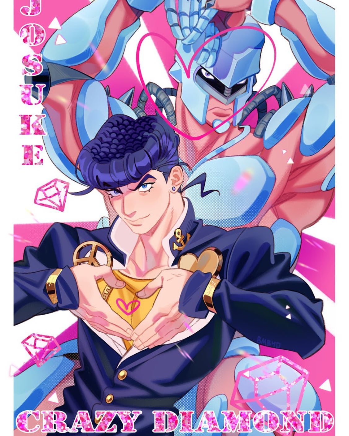 the image is vibrant fanart depicting josuke higashikata from jojo's bizarre adventure: diamond is unbreakable.  he is in the foreground, making a heart shape with his hands over his chest, showcasing his stand, crazy diamond, in the background. crazy diamond is partially visible and is colored in light blue and pink.  the art style is animeinfluenced, with a focus on bold colors, clean lines, and a slightly stylized appearance. a pink and glitter aesthetic is used to frame the image, emphasizing a sense of love and affection. the overall mood is playful and endearing. the text "josuke" and "crazy diamond" are displayed in a stylized glitter font.
