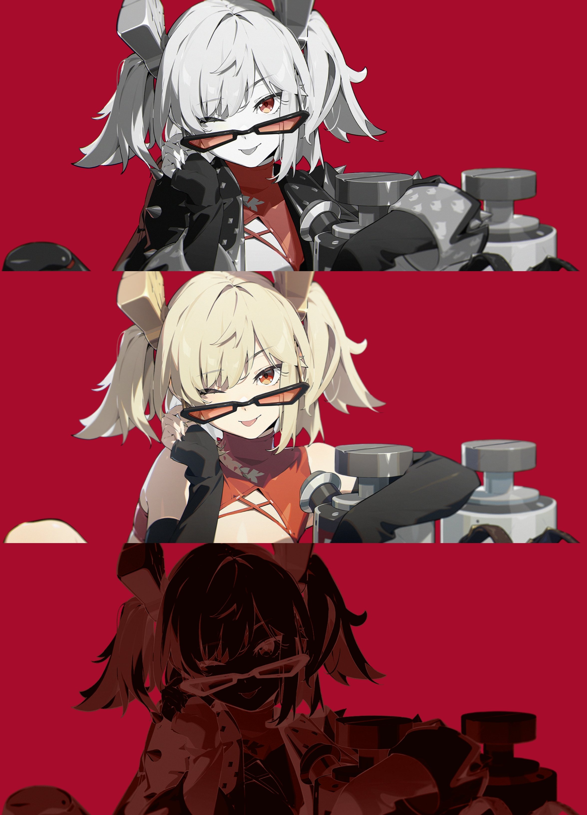 the image features a collection of three anime characters. each character appears to be a cyborg, with robotic arms and gears visible. the top character has white hair, the middle character has blonde hair, and the bottom character has black hair. the characters have sunglasses on, and they all appear to be cute, but fierce.