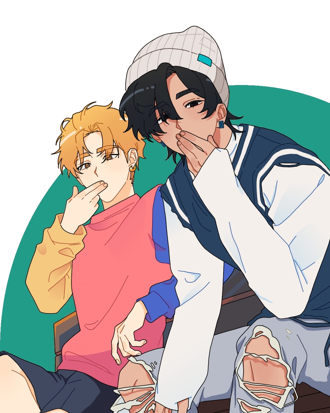 the image is a digital drawing or fanart depicting two animestyle boys sitting close together.  one has blond hair and is wearing a pastel pink shirt and yellow sleeves, while the other has dark hair and is wearing a white sweater vest over a blue long sleeve shirt with ripped jeans and a beanie. both boys have their hands covering their mouths, appearing shy or playful. they are positioned against a tealgreen circular background. the art style is clean, colorful, and leans towards a soft, cute aesthetic.  the overall feeling of the image is one of lightheartedness and intimacy between the two characters.