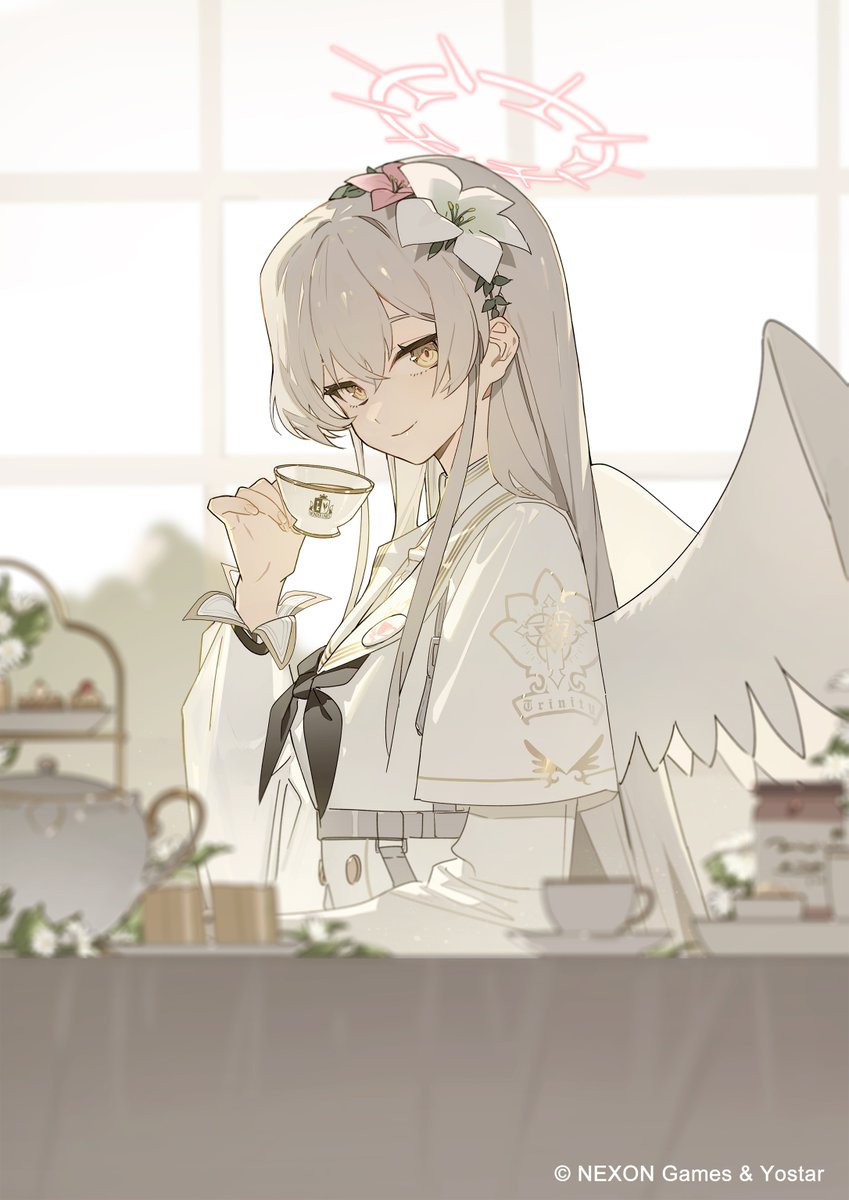 the illustration depicts a cute anime girl with long white hair and angel wings. she's elegantly dressed in a white outfit adorned with flower accents, including a flower crown. she's holding a teacup, seemingly enjoying a tea party in a bright, airy setting.  the style is soft and delicate, with pastel colors and a serene atmosphere. a subtle halo is visible above her head. the image is credited to nexon games & yostar.