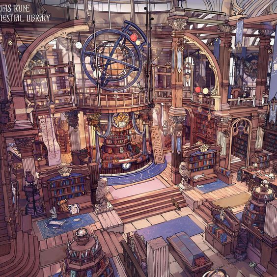 the image depicts a grand, multilevel library filled with towering bookshelves, stacks of books, and intricate architectural details. a large armillary sphere hangs from the ceiling, hinting at the celestial and perhaps magical nature of the collection. warm, natural light streams through large windows, illuminating the space and highlighting the rich wooden textures. the perspective is from above, offering a panoramic view of the library's impressive scale and intricate layout.