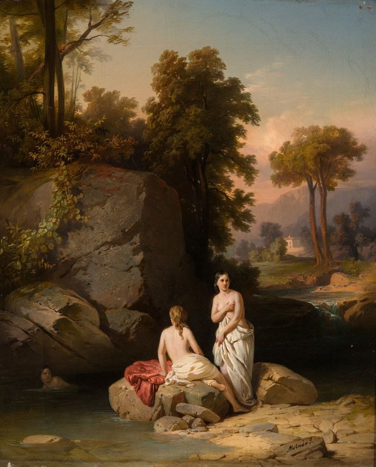 the painting depicts a landscape scene with a river or stream winding through a lush forest. there are several trees lining the riverbank, including some tall pines and some smaller deciduous trees. the river is depicted in a calm, serene manner, with the water reflecting the surrounding foliage. there is a small rocky outcropping in the foreground where two nude female figures are sitting, one is getting out of the water and the other one is sitting on the rocks. the painting is executed in a realistic style, with attention to detail in the depiction of the natural elements. the overall impression is one of peace and tranquility. the painting is a good example of the romanticism style of painting that was popular in the 19th century.
