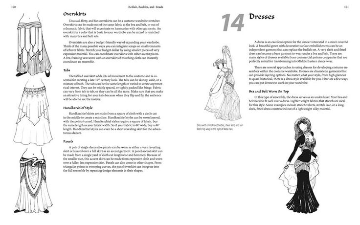 the image shows two pages from a book or document about belly dance costumes. the page on the left discusses overskirts, tabs, handkerchief style skirts, and panels with accompanying sketches. the page on the right is about dresses, and bra and belt worn on top as a costume. there is a sketch of a belly dancer in a dress.