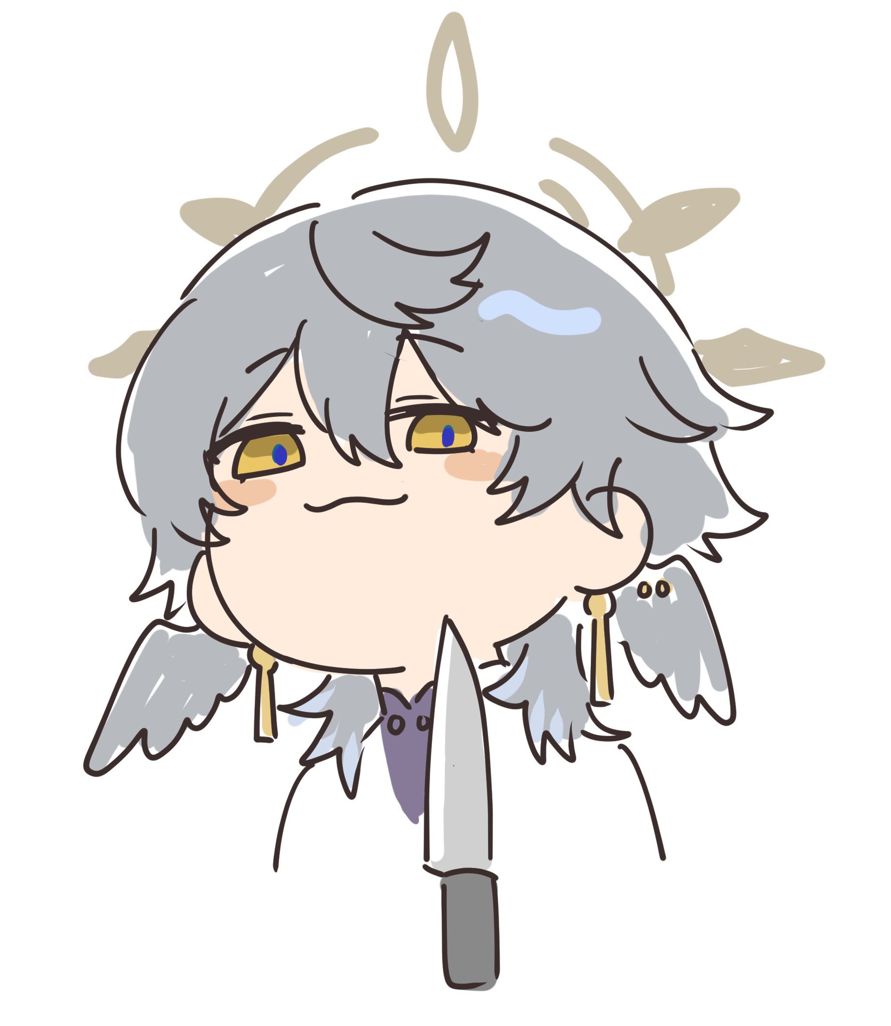 an animestyle illustration of a cute boy with silver hair and wings. he is smiling and holding a kitchen knife. the character is drawn in a chibi style, with exaggerated features. the background is white.