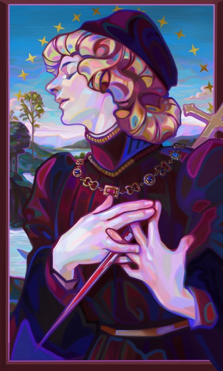this digital painting portrays a woman with blonde hair wearing a black hat and a crown. she holds a dagger in her hands. the background is a landscape with stars and a cross. the artwork features vibrant colors and a stylized, abstract style. the woman appears regal and mysterious.