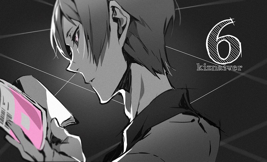 a stylized, grayscale illustration features a young man with short hair, depicted in profile view. he is engrossed in a pink and white book. bold, geometric lines and the number "6" overlay the image, possibly alluding to a character or theme. the art style is sketchy and expressive, emphasizing contrast and dramatic lighting to highlight the subject's sharp features and intense focus.