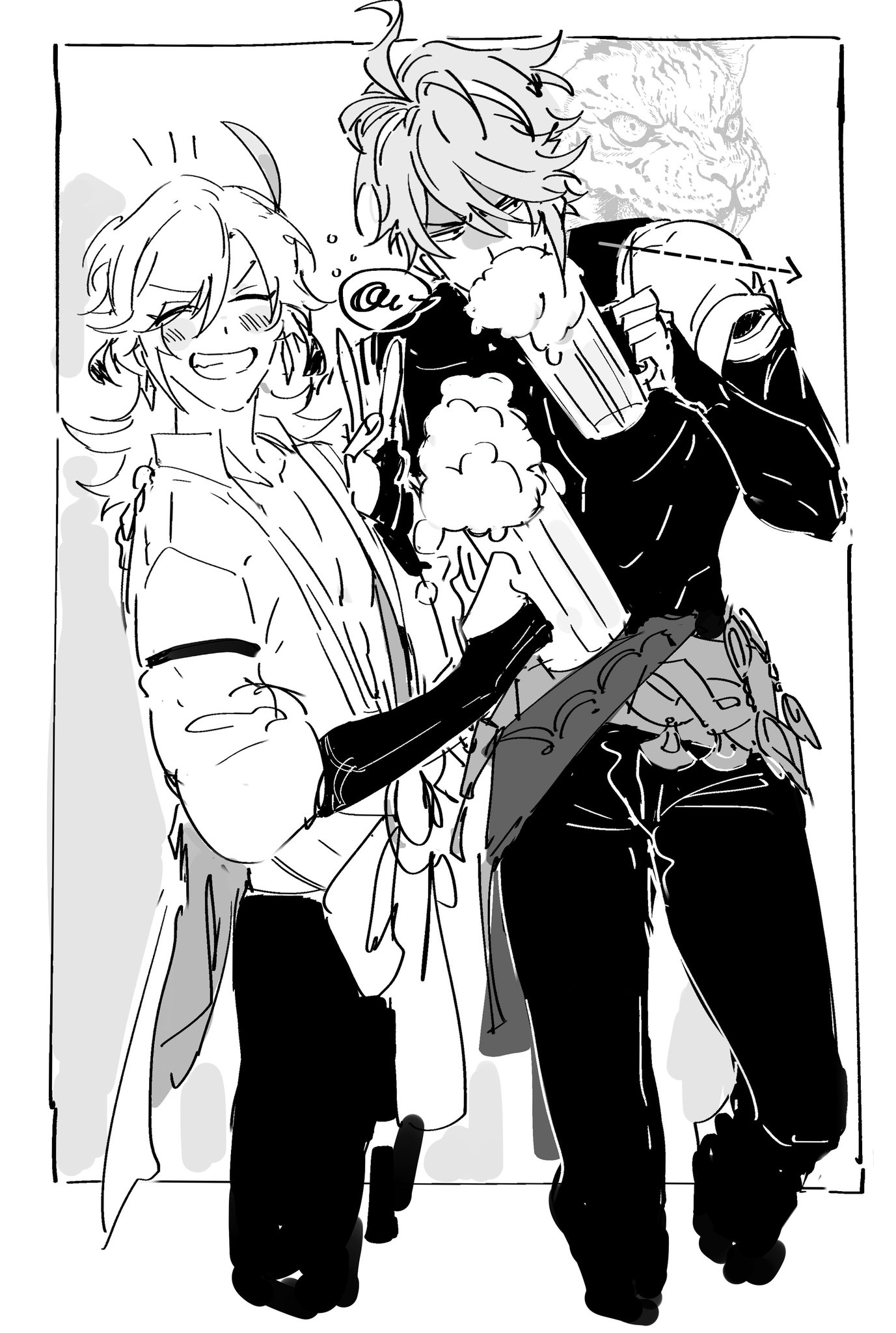 two anime characters, one male and one female, are standing next to each other. the female character has long, flowing hair and is smiling. the male character has shorter hair and is wearing a jacket and pants. they are both holding a carton of milk, which they are about to drink. the background is a simple white wall. they are both happy to be with each other, as if they are sharing a fun moment.