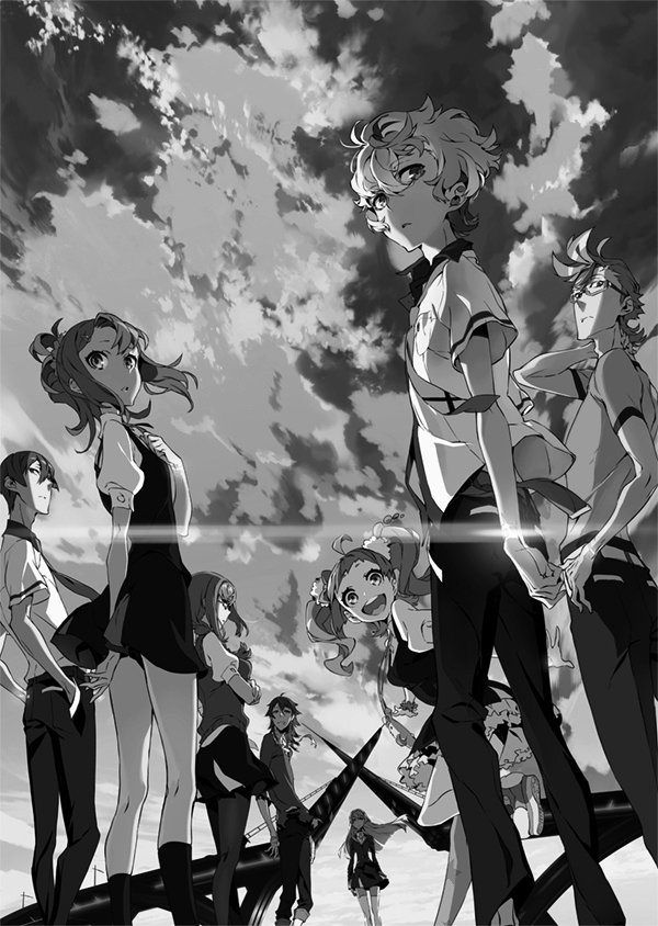 the image showcases a group of 11 anime characters, predominantly teenagers, standing together against a backdrop of a dramatically clouded sky. the low camera angle provides a sense of grandeur and emphasizes their unity. they are all dressed in variations of a uniform, hinting at a shared purpose.  several characters wield large, ornate weapons, suggesting they are prepared for battle or are part of a combatoriented group. the highcontrast black and white palette adds a sense of drama and intensity to the scene.