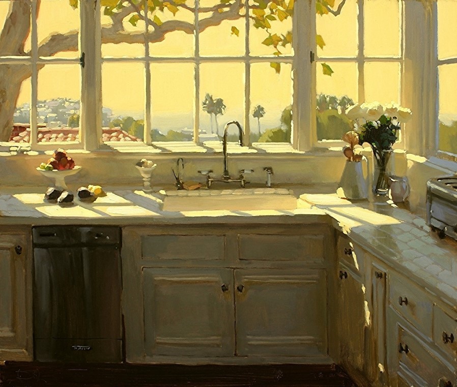 the image is a painting of a sundrenched kitchen. the focal point is a large window that looks out onto a sunny vista with a view of houses, palm trees, and the ocean in the distance.  a tree branch with green leaves drapes over the top of the window. the kitchen itself is painted in warm, inviting tones. there's a white double sink with a faucet in the center of a countertop. to the left of the sink is a bowl of fruit and to the right, a vase of flowers. below the counter are white cabinets. a stainlesssteel dishwasher is visible on the left side. the overall feeling of the painting is one of peace and tranquility.
