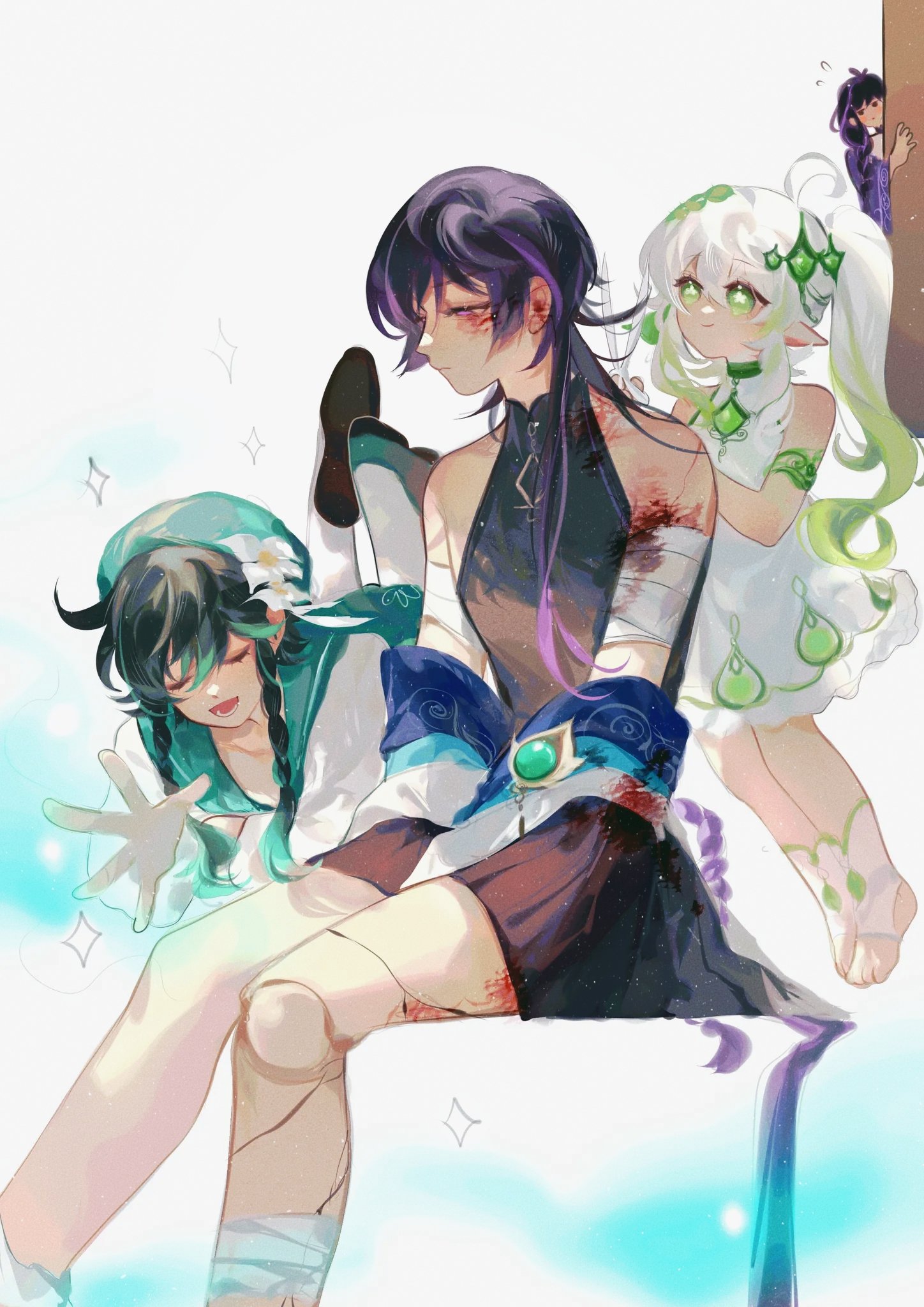 the image is a digital fanart depicting three female anime characters from the game genshin impact. the central figure is a girl with dark purple hair, wearing a dark sleeveless top and a teal and blue skirtlike garment. she has visible wounds and bandages on her arms and legs.  she is seated with another girl, whose hair is dark green, sitting on her lap. the girl with the green hair is also slightly injured, wearing bandages.  behind them, a light green haired character in a white dress with green accents looks over her shoulder.  all three girls seem to be supporting one another in the face of injury. the style is soft, pastel and dreamy, with a focus on the characters' emotional state. a fourth, smaller character is seen peeking from behind a corner in the top right.