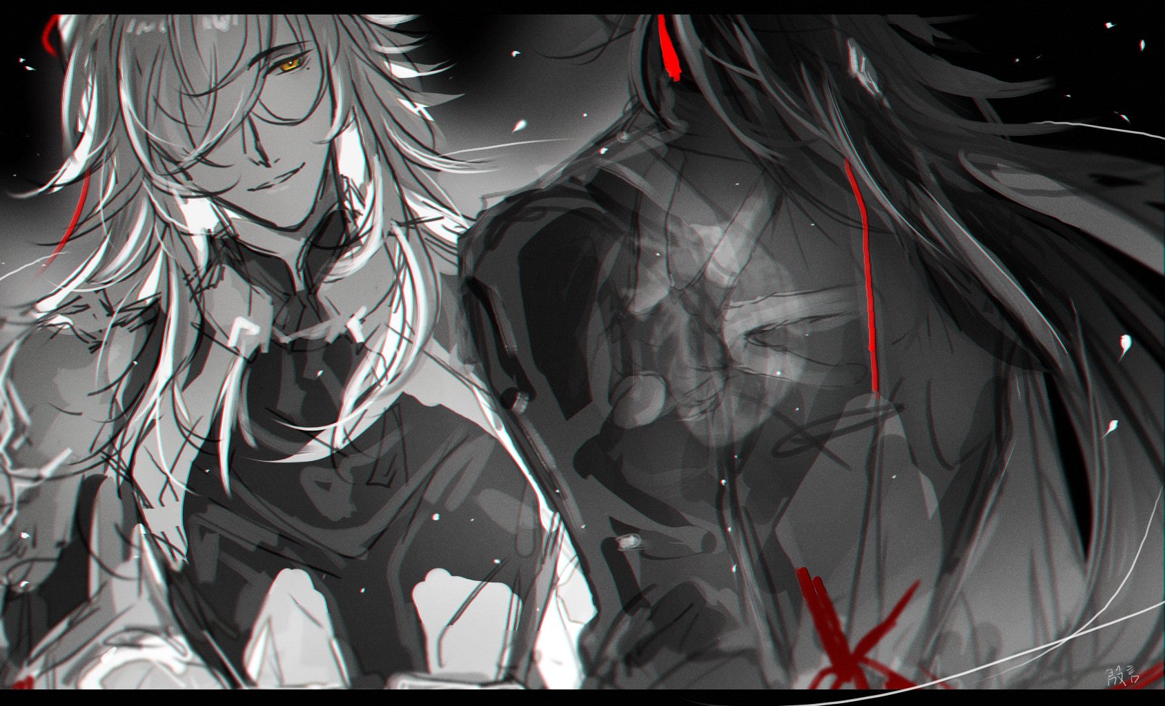 this is a digital illustration of two anime characters. the one on the left is a male character with white hair and red eyes. he is wearing black clothes. the character on the right is a male character with black hair. he is wearing white clothes. the background is dark. the characters are drawn in a semirealistic style. the illustration appears to be a scene from an anime or manga.  the characters are shown looking at each other with an intense stare. their facial expressions suggest that they are in love and/or that they are in some type of conflict or danger. the image is full of mystery and intrigue, with the  characters' expressions and the red lines of the background suggesting a deeper story.