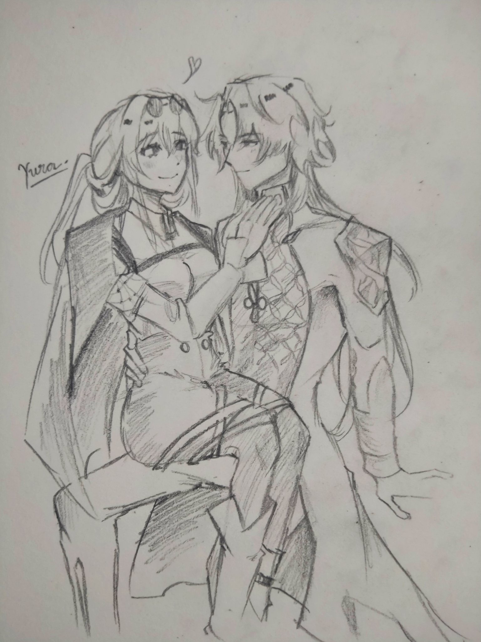 a pencil sketch of a cute anime couple hugging each other. the girl is wearing a long dress and has her arms