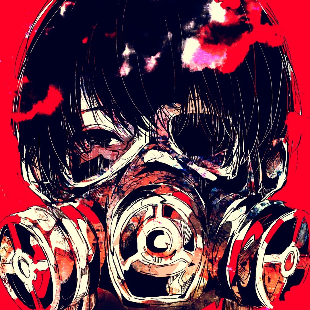 the image is a stylized illustration of an animestyle boy wearing a gas mask. the art style is dark and gritty, with a lot of texture and splattering. the overall color scheme is red and black, creating a moody and intense atmosphere. the boy's face is partially obscured by the gas mask, but his eyes are visible, giving the image a sense of mystery and intrigue. the background is a vibrant red, which contrasts with the darker tones of the figure.  the gas mask itself appears worn and weathered, adding to the postapocalyptic feel.  the artwork utilizes bold lines and shading techniques to create depth and a sense of movement.