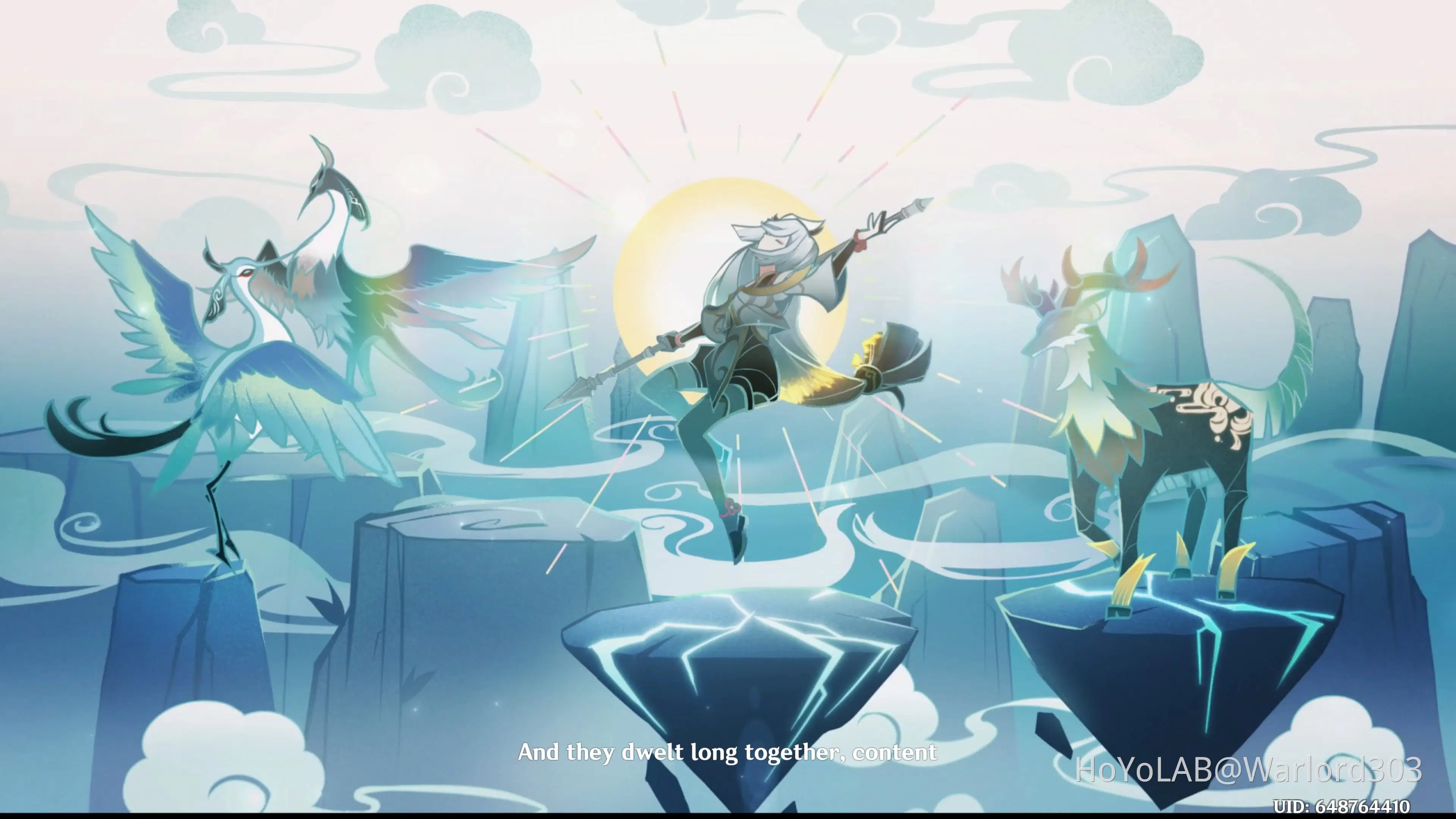 a beautiful and intricate digital illustration of the genshin impact character ganyu, standing on a floating platform in the sky. surrounding her are two white cranes with blue feathers and a black deer with green and blue markings. the sky is a light blue with fluffy white clouds and the sun is shining brightly.  the background has a swirling, hazy effect which makes it appear that the scene is almost dreamlike.