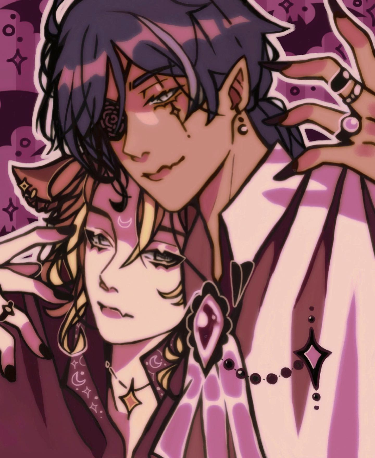 the image is a digital drawing or painting in an anime style. it features a closeup portrait of a couple, intimately embracing.  one character has dark purple hair, an eye patch, and what appears to be pointed ears, suggesting a fantasy or supernatural being like a vampire or elf. the other character has lighter blonde hair and a more delicate appearance. both characters wear darkcolored clothing adorned with mystical or occultstyle symbols and jewelry. the overall color palette is predominantly pastel purple and pink, giving a romantic yet dark, gothic, or pastelgoth aesthetic. the style evokes a sense of mystery and romance, possibly from a fantasy or occultthemed story or game.