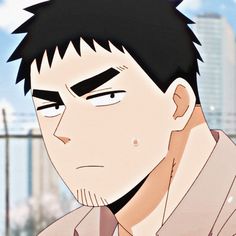 this is a digital drawing of an animestyle man with short, spiky black hair and a serious expression. he has tan skin and is wearing a tan collared shirt. the background is a blurred cityscape.