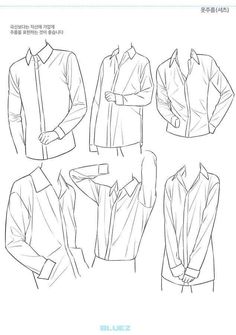 this is a black and white fashion illustration of a man wearing different styles of shirts. the illustration shows various poses and perspectives of the man, with a focus on showcasing the different shirt designs.