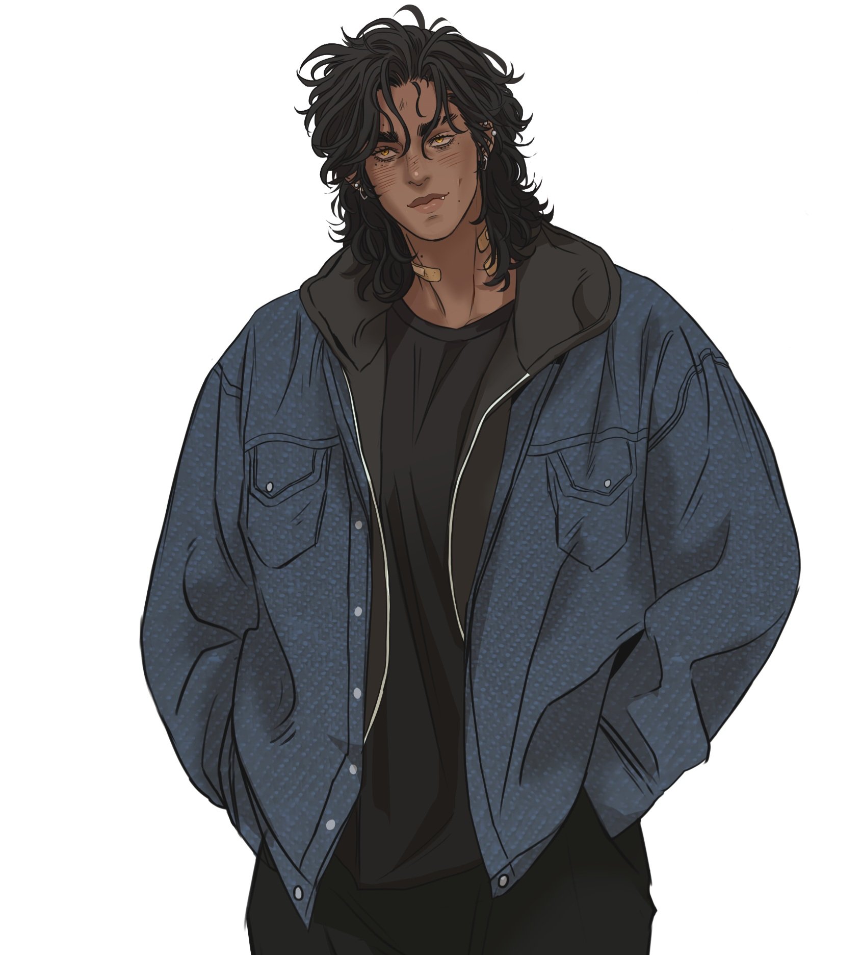 a digital illustration of a darkskinned male anime character with long, wavy black hair and yellow eyes. he is wearing a black tshirt under a oversized blue denim jacket with the hood showing. he has piercings in his ears and what looks like a tattoo or design on his neck. he's standing with his hands in his jacket pockets. the background is plain white.