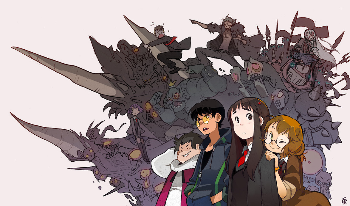 the image depicts a group of animestyle teenagers standing defiantly in front of a horde of grotesque monsters. the scene is chaotic and actionpacked, with characters and creatures engaged in battle. the teenagers appear to be the protagonists, facing off against a formidable enemy. the overall tone is one of adventure, fantasy, and impending danger.