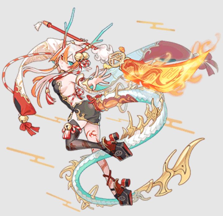 an animestyle female character with orange hair and teal eyes is depicted in a dynamic pose. she is wearing a red and black outfit adorned with bells and tassels. a large, ornate dragon with a light blue and gold body and a fiery head coils around her. she holds a weapon that is topped with fire, suggesting a fantasy or mythical setting.