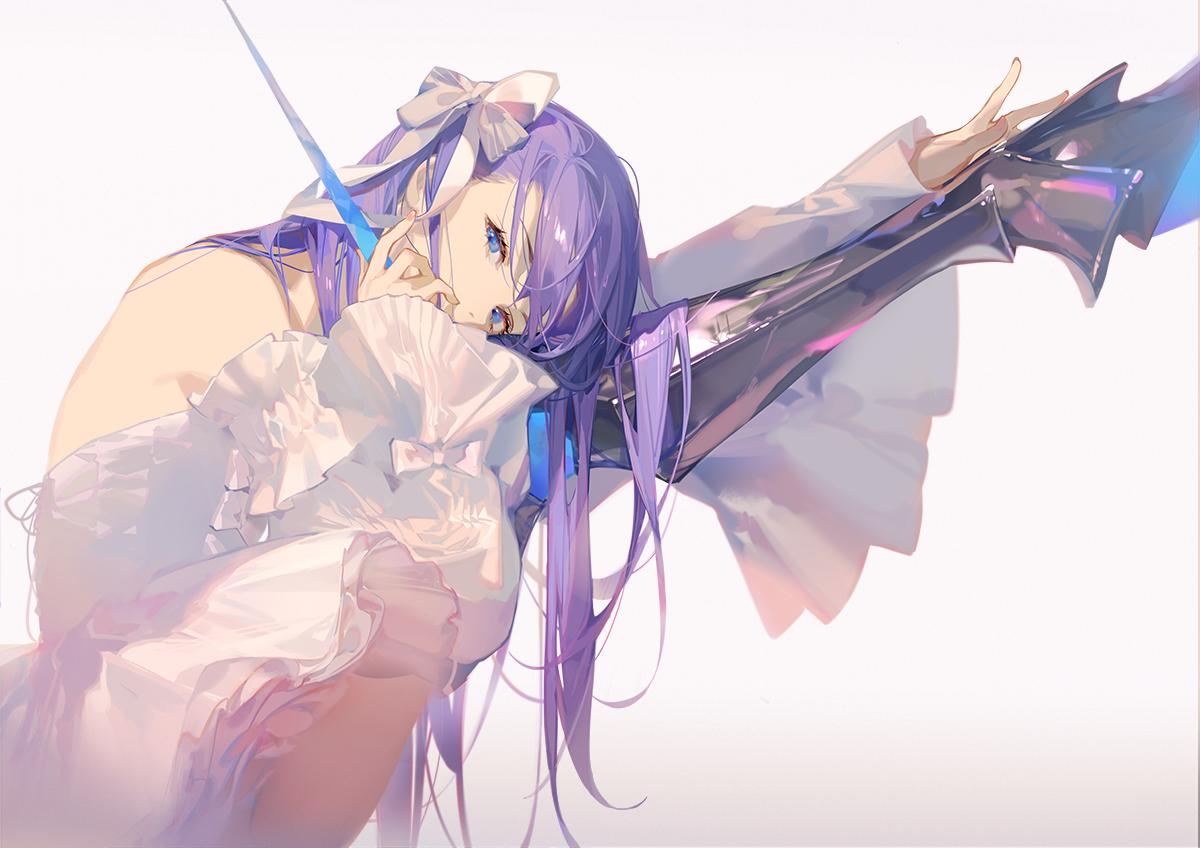 the image is an animestyle illustration of a girl with long, flowing purple hair and striking blue eyes. she is wearing a white, frilly dress adorned with bows. a blue, glowing unicorn horn is on her head. she has a metallic arm or gauntlet that appears to be iridescent with a hint of purple. she has a pensive or sad expression. the background is light and uncluttered, drawing attention to the subject.