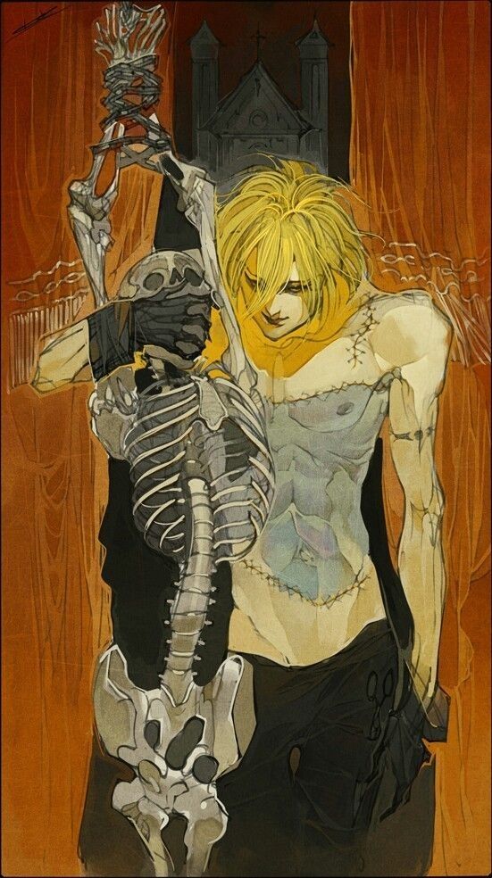 the image is a stylized digital painting or illustration in a dark fantasy or gothic style.  it features a slender, androgynous figure with long blond hair. their torso is visibly stitched, suggesting a reanimated or possibly artificial nature. they hold a complete human skeleton, its arms bound above their head. the figure's expression is somewhat blank, and their pose is both elegant and disturbing. the background is muted with a dark churchlike structure visible through curtains. the color palette uses mostly muted earth tones and pale yellows, creating a somber and eerie atmosphere. the overall style blends elements of anime/manga aesthetics with a westerninfluenced, more painterly approach. the artwork's themes clearly involve mortality, death, and possibly the macabre.