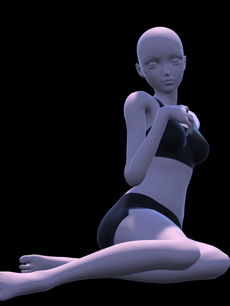 a 3d rendered anime girl wearing a bikini in a sitting pose. the image is against a black background. the girl's body is smooth and shiny, and her eyes are wide and expressive. she is a concept of beauty and style.