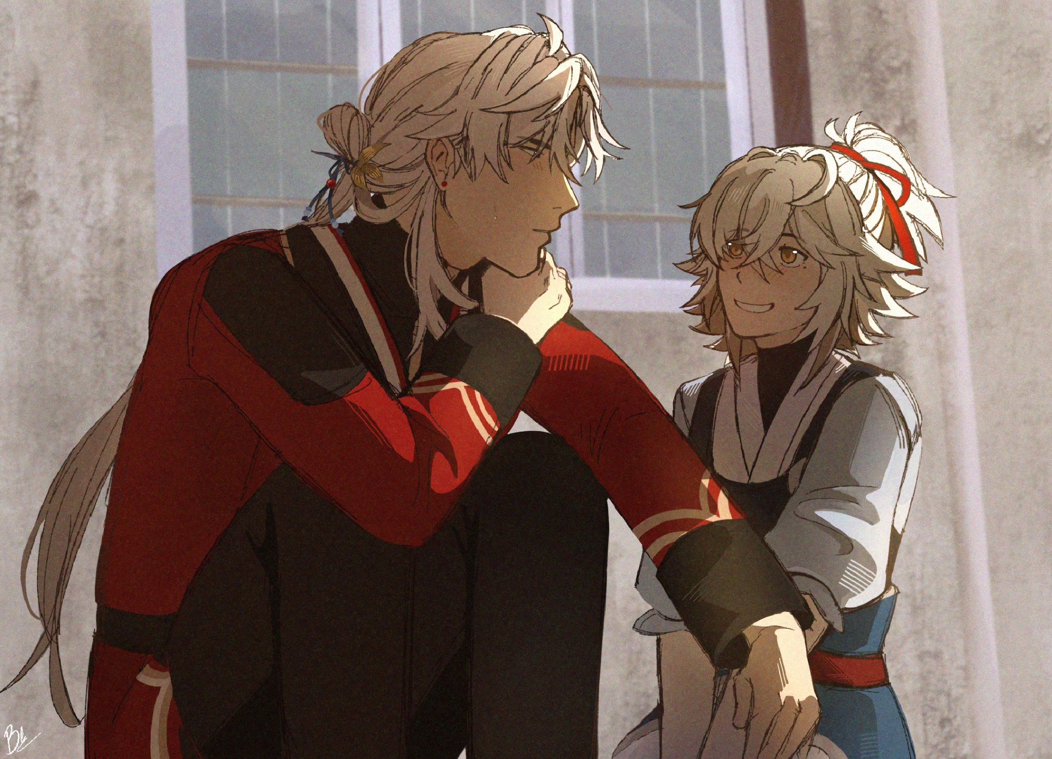 this digital illustration depicts two anime characters, a young man and a young woman, standing in front of a window. the man has long white hair tied back with a red ribbon and is wearing a red jacket, black pants, and black boots. he has a thoughtful expression on his face. the woman has short blonde hair tied back with a red ribbon and is wearing a blue shirt with a red ribbon around her neck. she is smiling. the background is a simple brown wall and beige window frame.