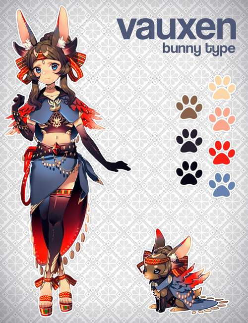 a digital illustration of an anime girl with bunny ears in a colorful costume. she has red and blue clothing, with long, flowing red and white hair. behind her, a small, adorable, red and blue bunny is standing and looking towards the left.