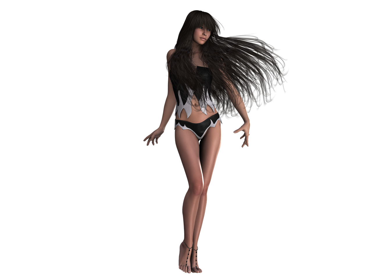 a digital rendering depicts a young woman with long, dark hair that cascades around her as if caught in a breeze. she is dressed in a black and white swimsuit with edgy, angular designs and stands barefoot, adorned with delicate jewelry around her ankles. the background is a stark black, which accentuates the figure and gives the image a dramatic, fantasylike quality.