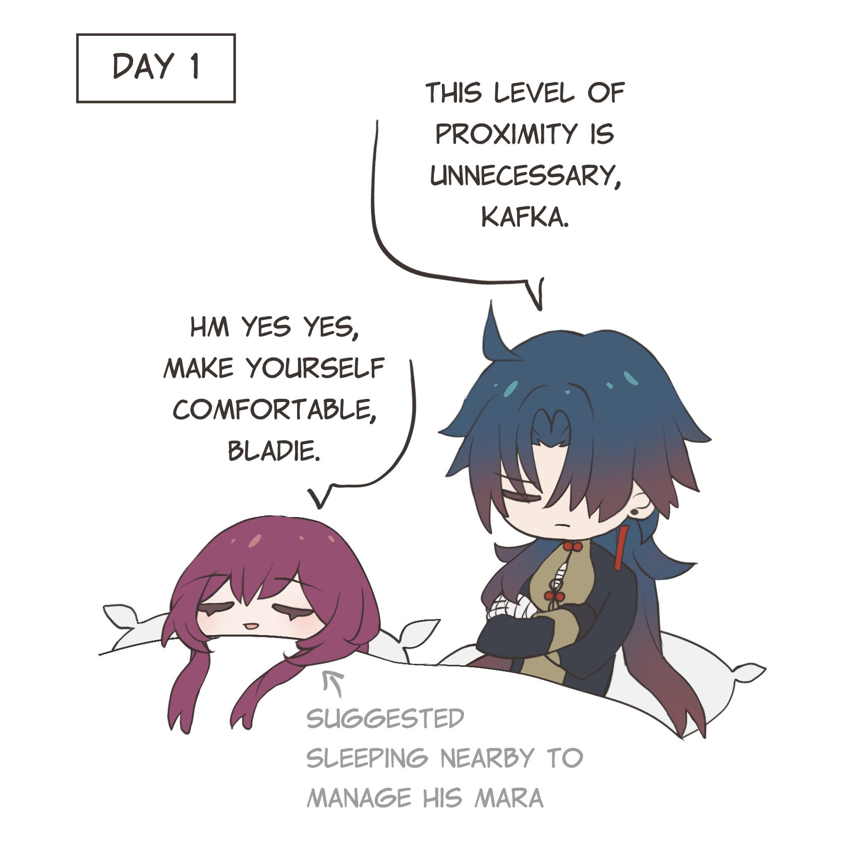 the image is from a manga comic. it shows two characters, a girl and a boy, in a bed together. the boy is sitting up on the bed and he looks uncomfortable while the girl is asleep. there is a thought bubble above the boy's head that says "this level of proximity is unnecessary, kafka." the thought bubble above the girl's head says "hm yes yes, make yourself comfortable, bladie." the caption below the image says "suggested sleeping nearby to manage his mara."