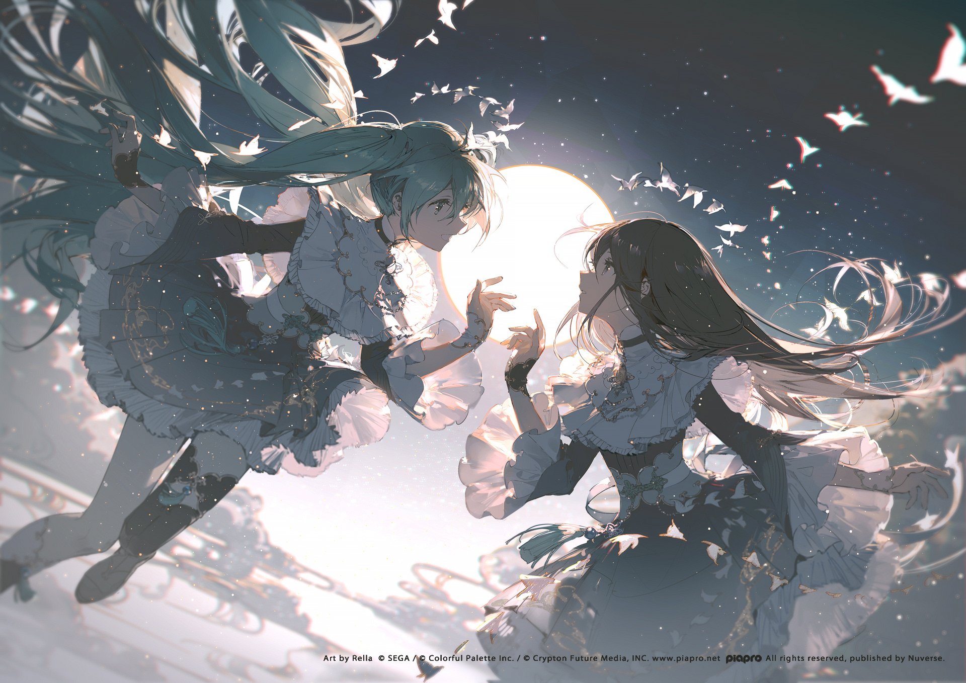 this is an anime artwork depicting two women in elegant dresses, looking at each other in front of a bright moon. white birds fly around them.