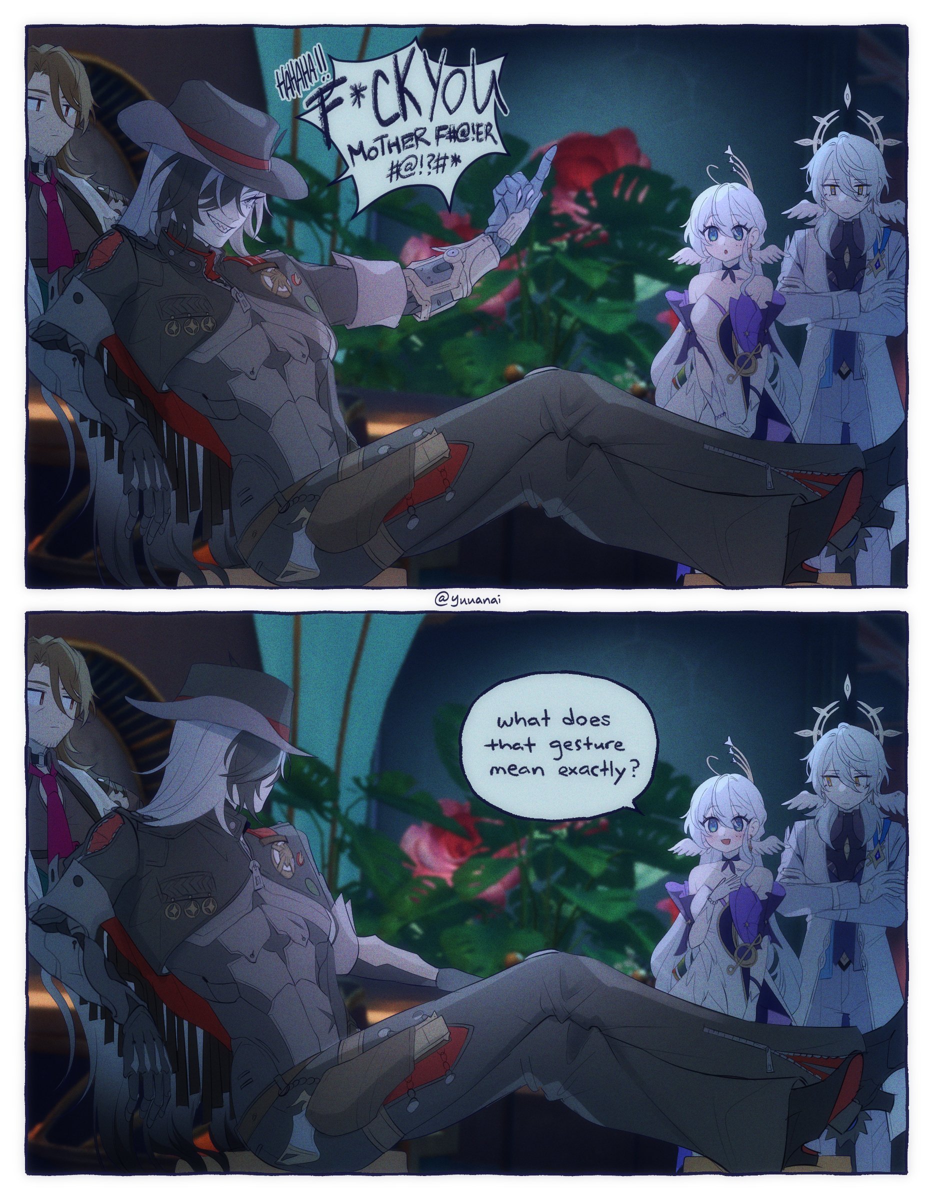 this is an image from a comic. there are four characters in the comic. the main character is a  man wearing a cowboy hat and a coat with a gun.  he is sitting on a chair and pointing a gun at the viewer. the other characters are all women. one is  angry, one is confused, and one is in a dress. the comic is set in a western style room with flowers in the background.