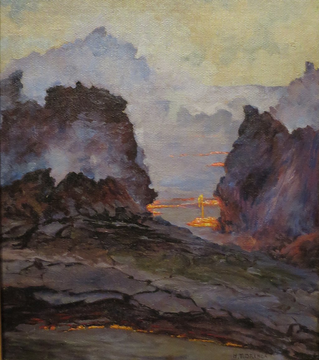 the image is an oil on canvas painting by h. fiorinca, depicting a volcanic landscape with mountains and lava. the foreground features dark, rocky terrain, possibly volcanic rocks. two prominent rocky formations flank a central opening, revealing a fiery glow in the distance, suggestive of lava or volcanic activity. the sky is cloudy, with varying shades of gray and hints of light. the painting employs a dark color palette, emphasizing the ruggedness of the landscape. the visible canvas texture contributes to the artwork's overall aesthetic.