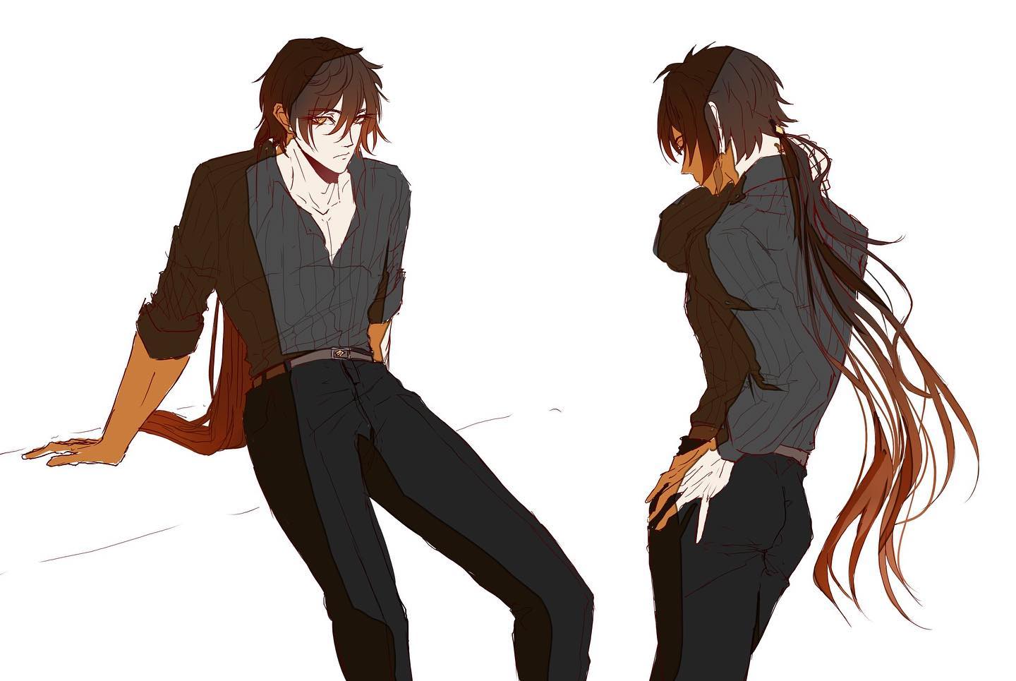 this is an anime illustration depicting two male characters. the character on the left is wearing a dark blue and brown striped shirt and dark blue jeans, and is in a laidback pose. the character on the right is wearing a light blue and brown striped shirt and dark blue jeans, and is standing in a more formal pose. both characters have long, dark hair, and are drawn in a manga style. the overall tone of the illustration is cool and stylish.