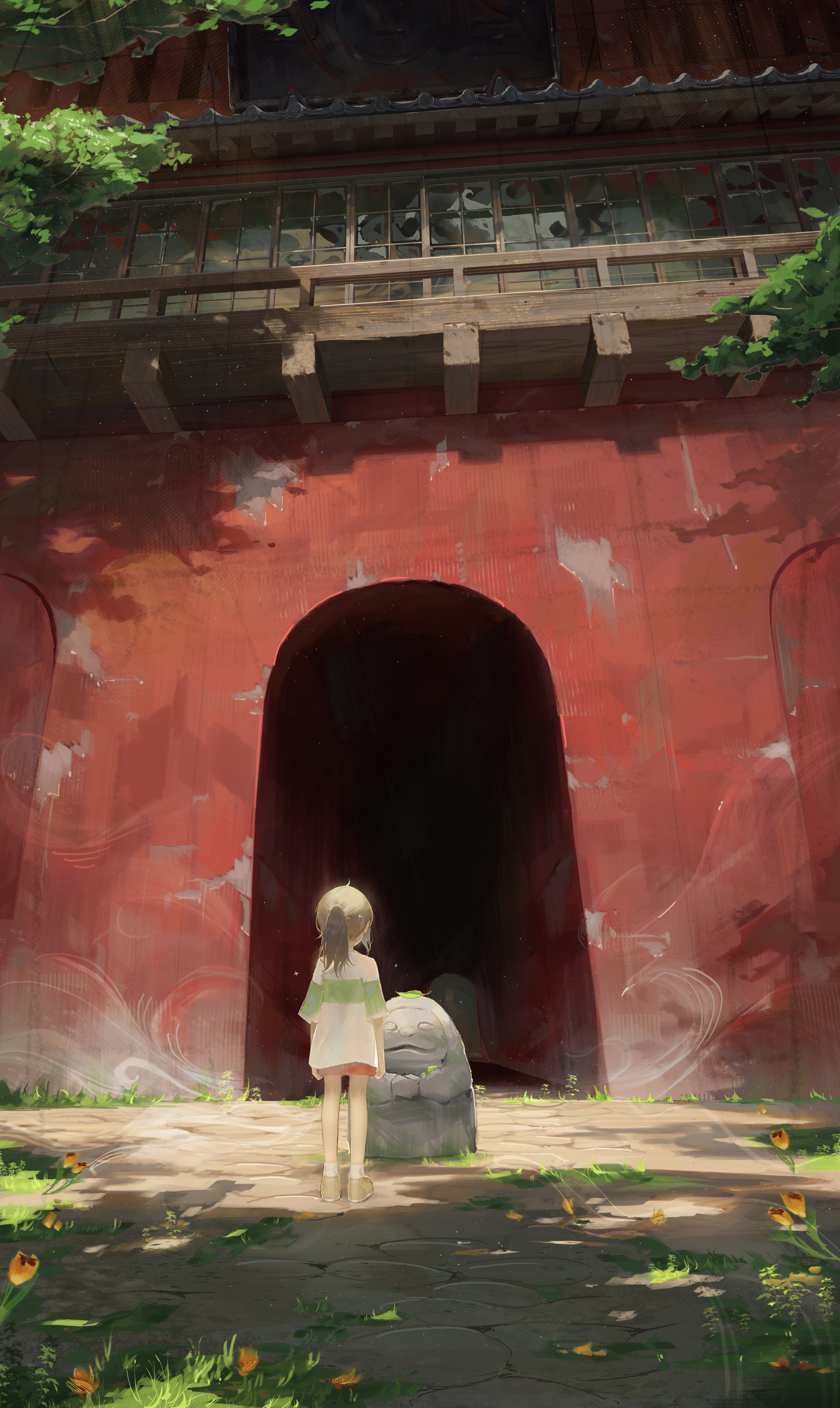 a digital painting depicting a scene reminiscent of studio ghibli's spirited away. a young girl, resembling chihiro, stands before a stone statue in front of a large arched gateway leading into a weathered, red japanesestyle building. the setting is serene and slightly magical, bathed in sunlight with shadows accentuating the details. lush greenery surrounds the area, adding to the mystical atmosphere. the overall style is painterly, with soft color blending and a focus on mood and atmosphere.