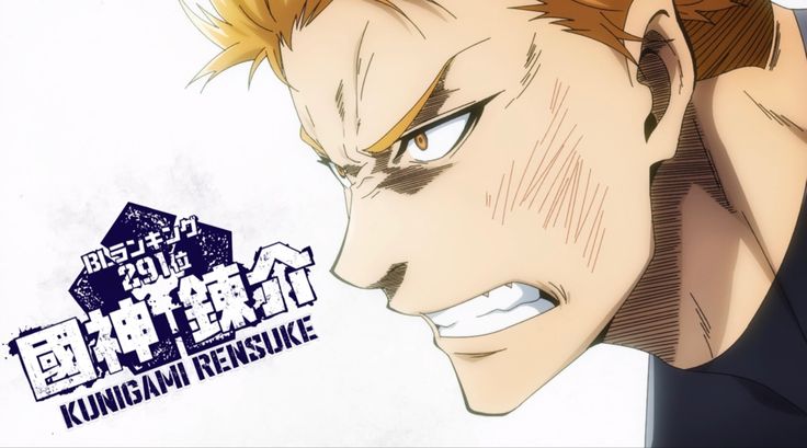 this is a closeup shot of an anime character from the blue lock series, kunigami rensuke. his face is set in a fierce and determined expression. he is looking to the left side of the image. his eyes are narrowed in concentration, with a bead of sweat running down his cheek, while his mouth is open in a snarl revealing his teeth. his blonde hair is swept back and held in place with a black headband. he is wearing a black sports uniform. the background is white with a blue lock logo on the lower left. the logo says: “bl (blue lock) 291位 国神 錬介 kunigami rensuke”