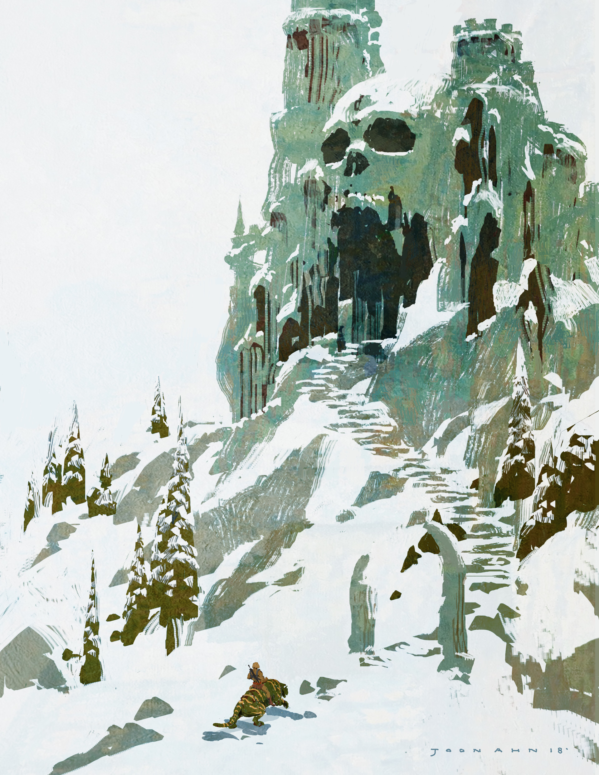 the image is a painting of a snowy mountain with a castle carved into the side. the castle has a skulllike entrance and is surrounded by snowcovered trees. a person in a tiger costume is walking towards the castle. the painting has a fantasy and whimsical feel to it.