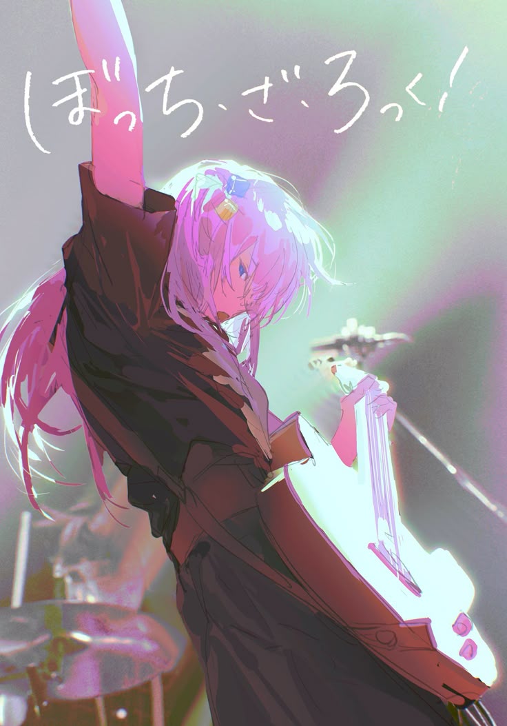 the image is an illustration of an anime girl playing guitar at a rock concert. she has pink hair and is wearing a black outfit. she is on stage, with a drum set visible in the background. there is japanese text above her. the lighting suggests a live performance setting.