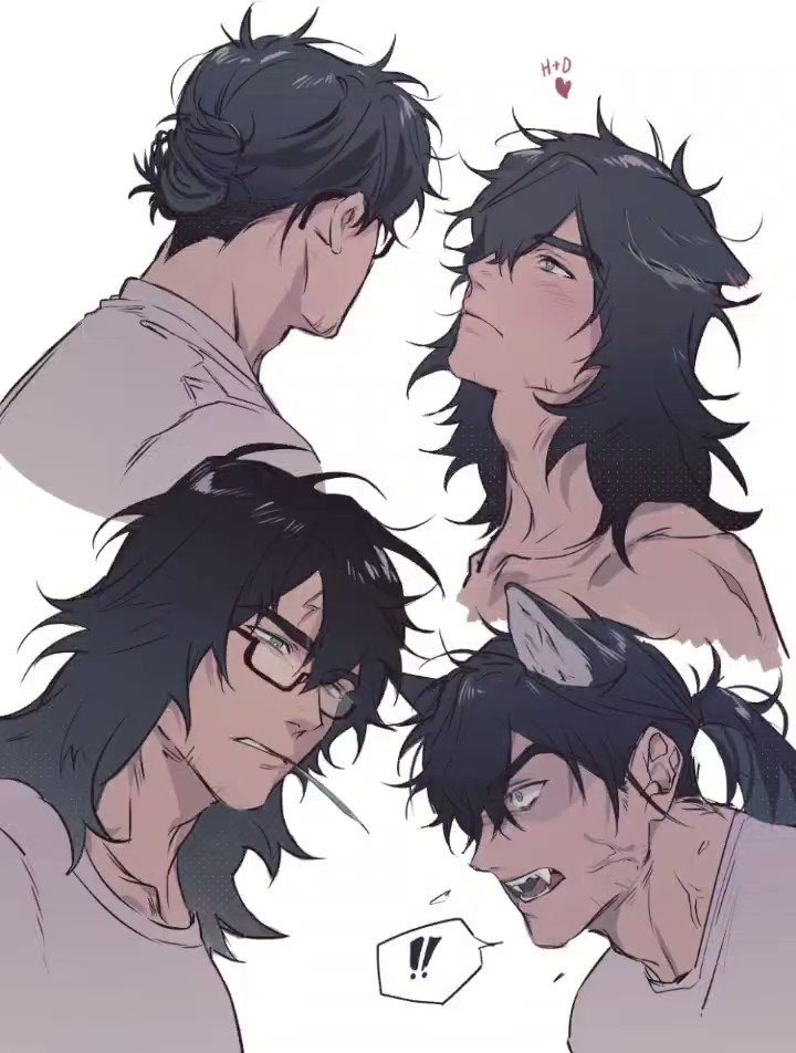 he image contains four illustrations of animestyle male characters. each character is depicted from the shoulders up, with variations in hairstyles, expressions, and accessories. one character has glasses, while another has wolf ears. the art style is soft and detailed.  there is a small heart symbol with "h+d" above one of the characters, suggesting a pairing or relationship. the overall mood is a blend of serene and intense, depending on the individual character's expression.