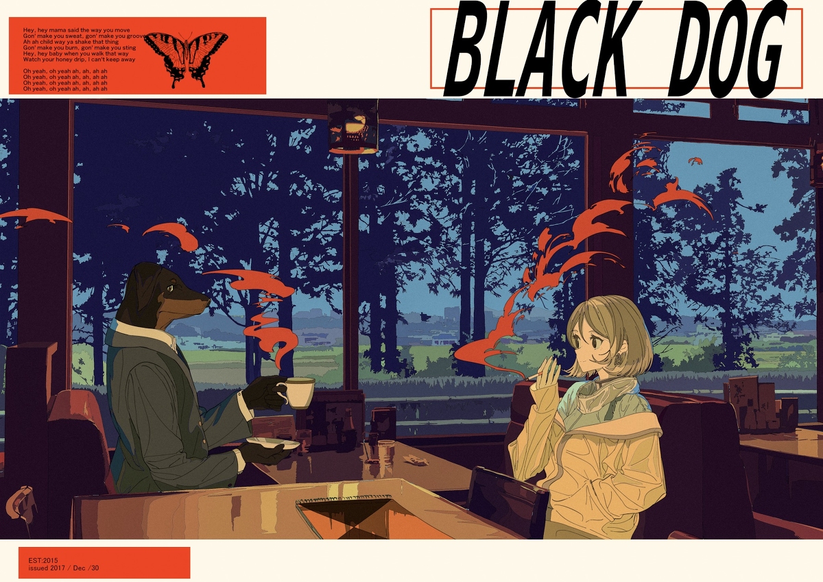 the image is a stylized illustration, possibly from a graphic novel or album art, featuring a scene in a cafe. the main focus is on two characters: an anthropomorphic dachshund in a suit seated at a table, sipping coffee, and a young woman with short blonde hair, dressed in a yellow jacket, smoking a cigarette.  they appear to be engaged in conversation. the setting is atmospheric, depicting a view of trees and a distant cityscape through large windows, suggesting an evening or nighttime scene. the overall aesthetic is vintage or retro, with a color palette reminiscent of the 70s or 80s, enhanced by stylized smoke.  lyrics are included, possibly song lyrics, adding to the narrative atmosphere. the bottom right corner includes the date and possibly publication information. the title "black dog" is prominently displayed at the top. the style shows hints of anime influence.