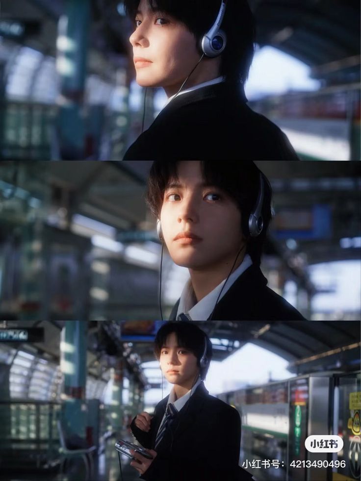the image is a triptych featuring a young asian man, possibly a kpop idol,  dressed in a stylish dark suit. he is wearing headphones and appears pensive. each of the three images shows him in a slightly different pose or angle, all set within the backdrop of a train station or subway platform, creating a vintage or retro feel reminiscent of 90s aesthetics.  the lighting is dramatic, with sunlight highlighting him against the darker background of the station. the overall mood is somewhat melancholic and stylish. a watermark with chinese characters and numbers is visible on the bottom right of the collage.