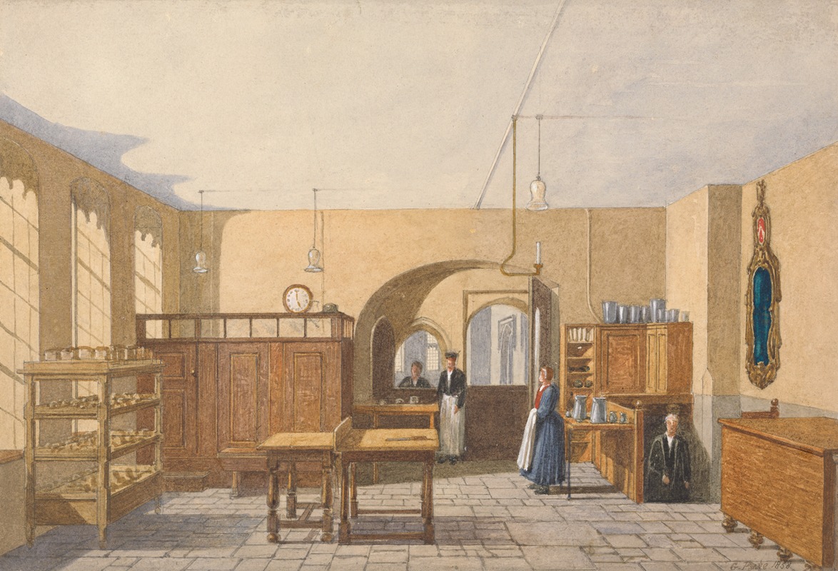 the image is a painting of an interior room, possibly a kitchen or pantry. there are several pieces of wooden furniture including a table, chairs, shelves, and a large cabinet. kitchen utensils are visible on a shelf. several people are present in the room, standing or sitting. there is an archway leading to another room. light fixtures hang from the ceiling. a clock is placed on top of a cabinet. a religious icon is visible on the wall. the painting appears to be from an older time period, given the style of the furniture and clothing of the people.