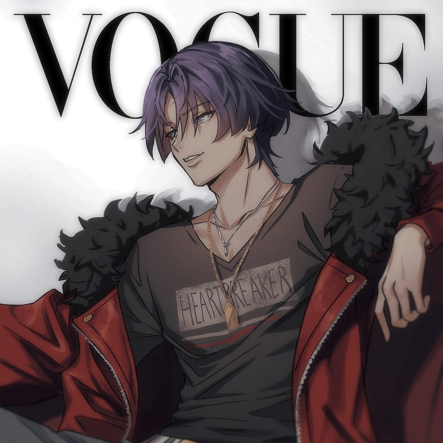 a digital illustration of a stylish anime boy posing for what appears to be a vogue magazine cover. he is leaning back with a smirk, wearing a red leather jacket with a black fur collar over a black tshirt that says "heartbreaker." he is also adorned with silver chains and has purple hair. the background is white, contrasting sharply with his attire and the bold "vogue" lettering at the top.