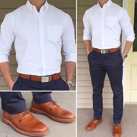 a man is standing, modeling a white buttondown shirt, navy blue pants, a brown leather belt, and brown leather dress shoes. the image is a collage, showing three different views of the outfit.