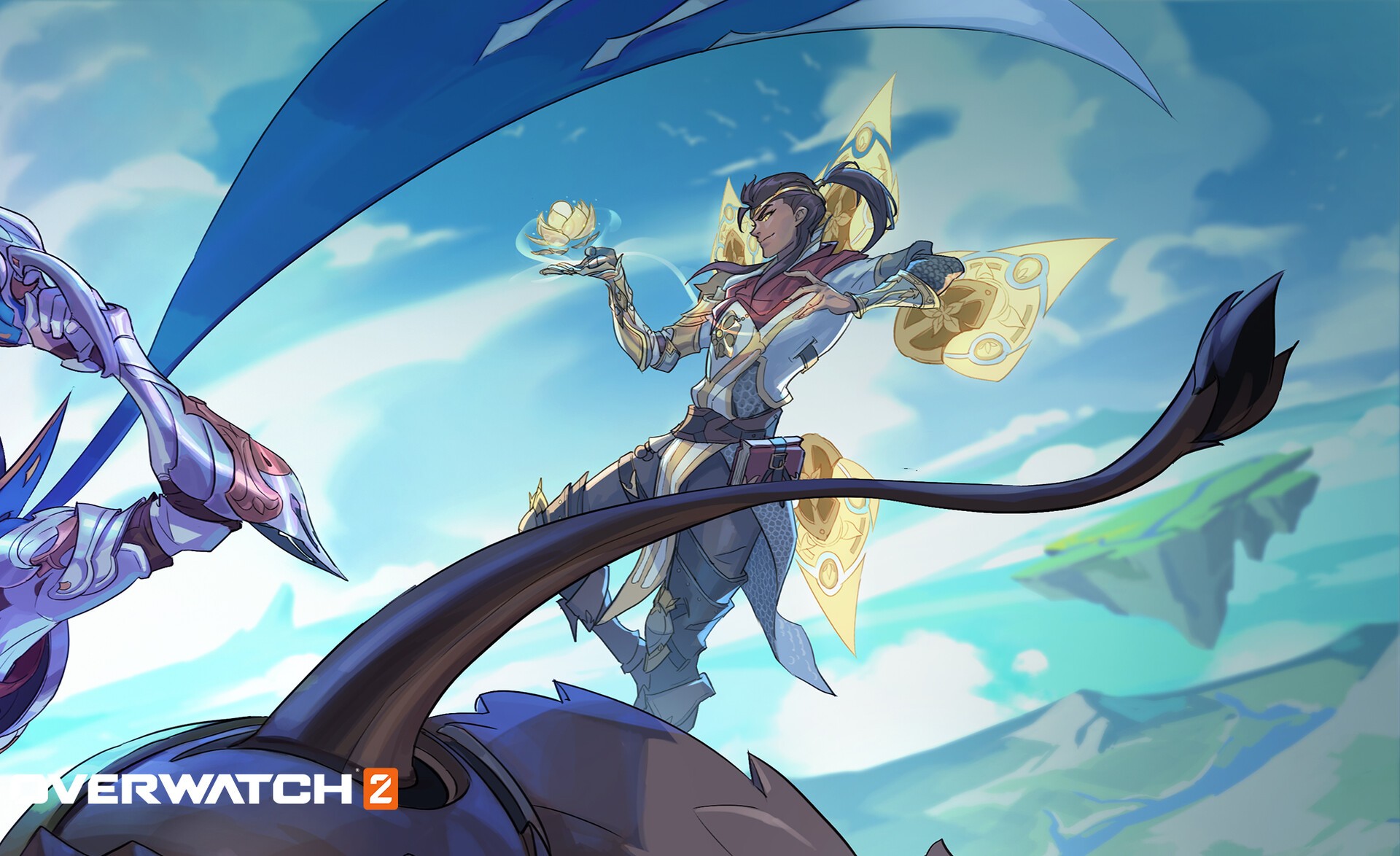 a digital illustration of kiriko from overwatch 2. she is a young woman wearing a white and gold outfit with purple accents. she has long dark hair and is holding a fox spirit in her hands. behind her are large, golden butterfly wings. she is floating in the air against a background of blue sky, white clouds, and small floating islands.  the words "overwatch 2" are in the lower left corner of the image.