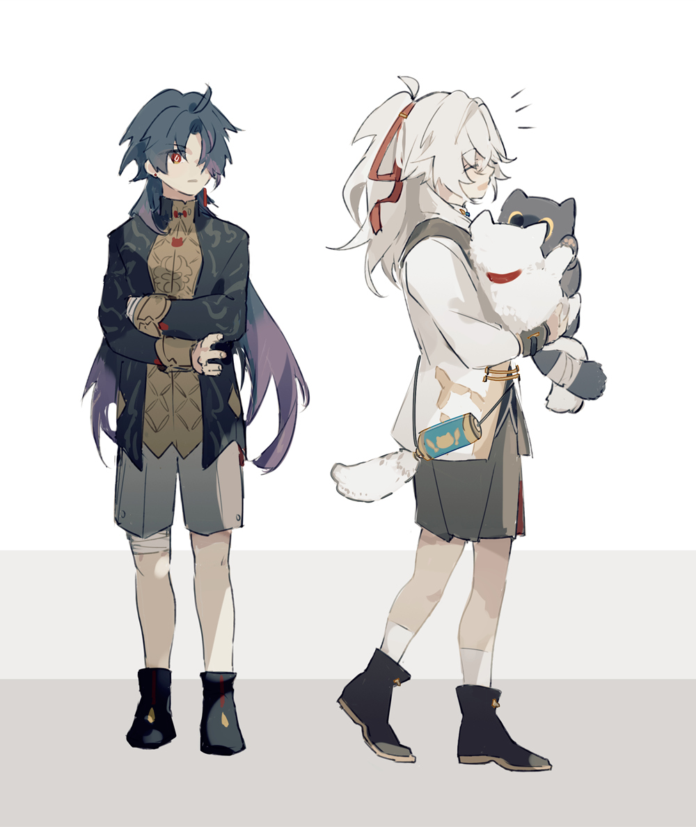 the image shows two animestyle male characters standing side by side. the one on the left has black hair and is wearing a black jacket with short pants and dark boots. he has red eyes and is looking to the right with a serious expression. the character on the right has white hair and is wearing a white shirt with short pants and dark boots. he has black eyes and is looking at the fluffytailed black animal in his arms with a kind expression. the character on the right is holding a furry black animal in his arms, with a white fluffy tail. he is also holding a small blue and gold cylinder.  the background is white.
